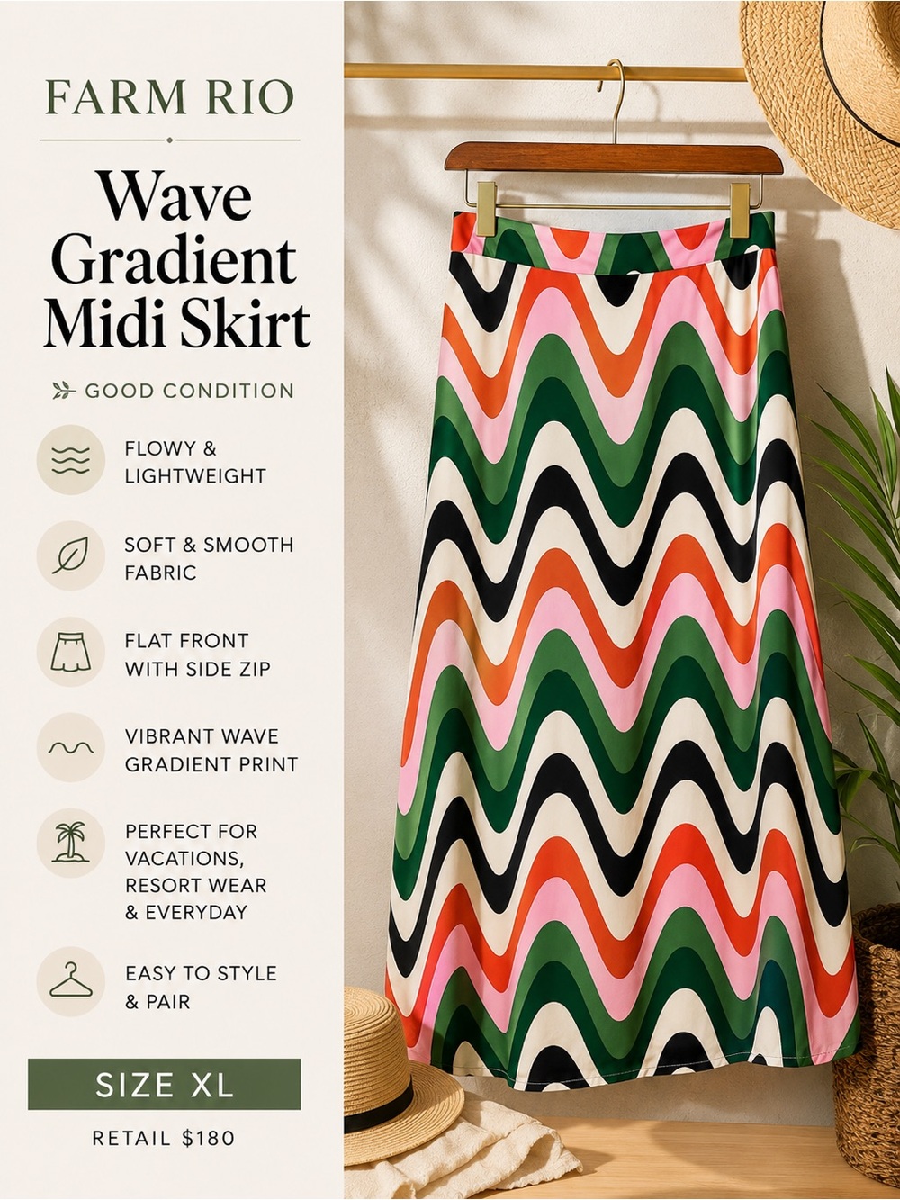Farm Rio Wave Gradient Midi Skirt XL Colorful Abstract Resort Boho - Picture 11 of 12